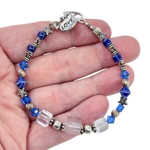Vintage Sterling Silver 925 Blue Crystal Love Charm Bracelet 8.5"